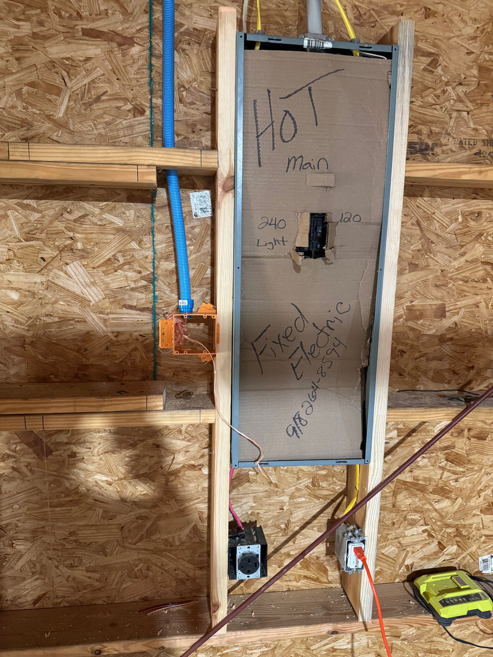 Electrical panel enclosure with a temporary construction-stage covering, nearby devices and exposed wall framing