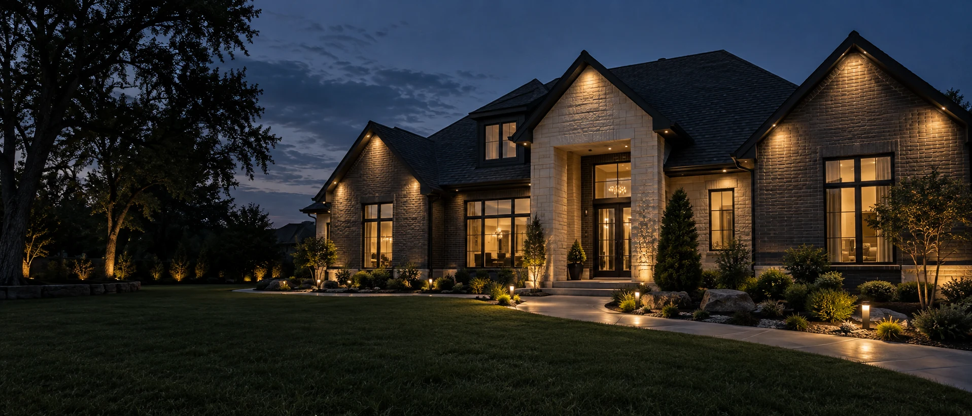 Architectural illustration of a home at dusk with interactive lighting