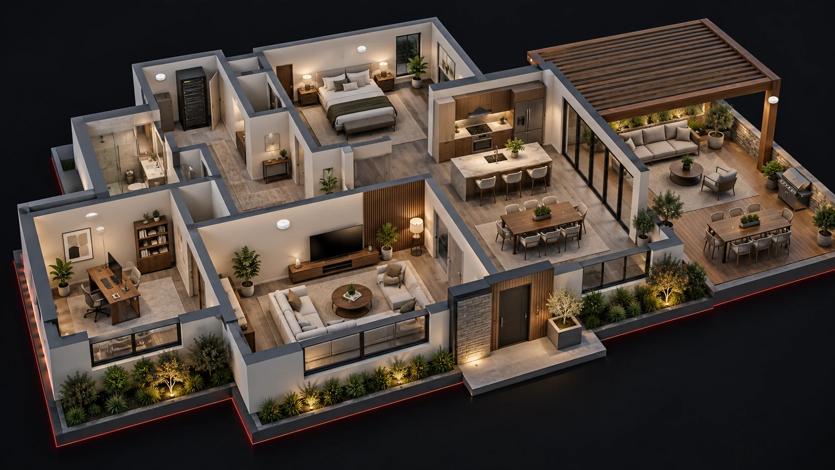 Conceptual cutaway home showing a network closet, home office, living room and covered patio.