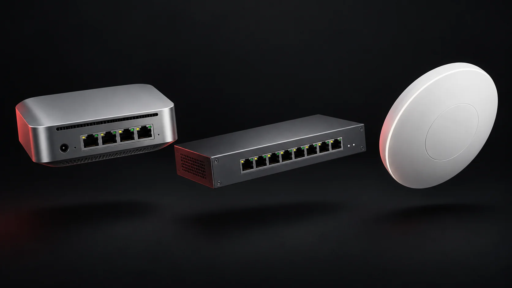 Concept illustration of an unbranded gateway, network switch and wireless access point.